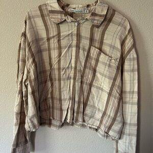 Calvin Klein Women's Plaid Button-Front Cropped Shirt in Beige & Brown